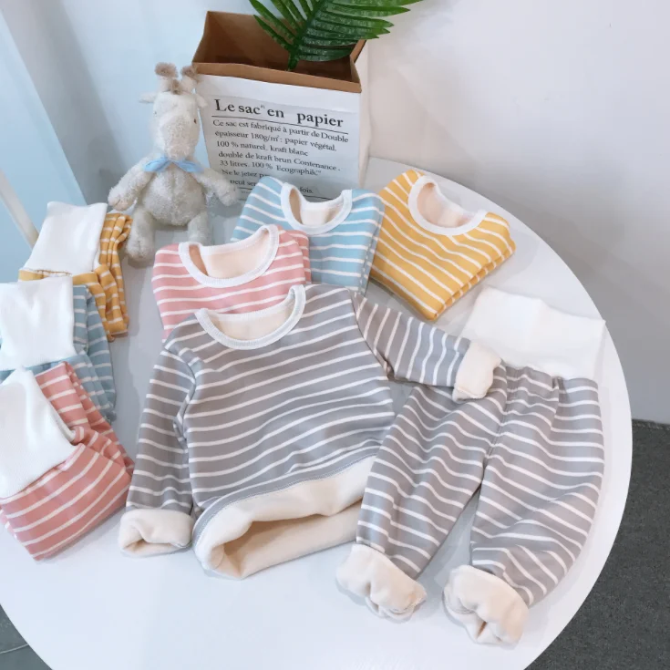 

Children's Clothes Two Piece Set With High Waist Navel Protection and Velvet Winter / Autumn 2020 Warm Home Wear Stripe Suit