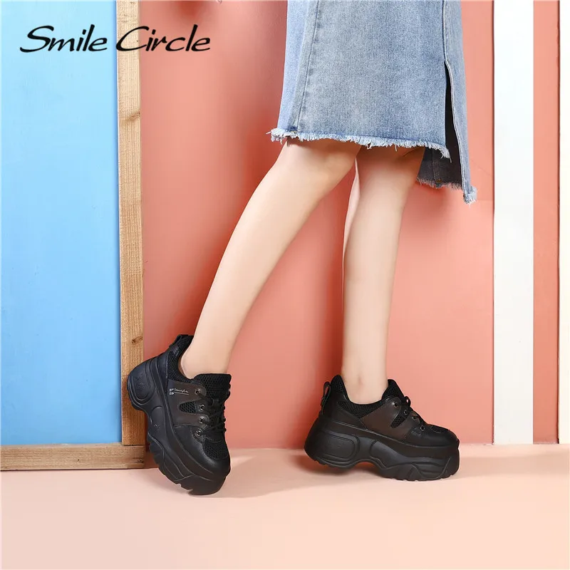 Smile Circle Genuine Leather Sneakers Women Flat Platform Shoes Autumn Breathable mesh women Thick bottom shoes