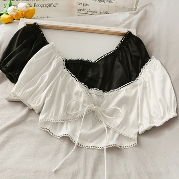 

slash neck solid lace women blouse 2020 summer new beach style puff sleeved short high waist sexy female pulls tops