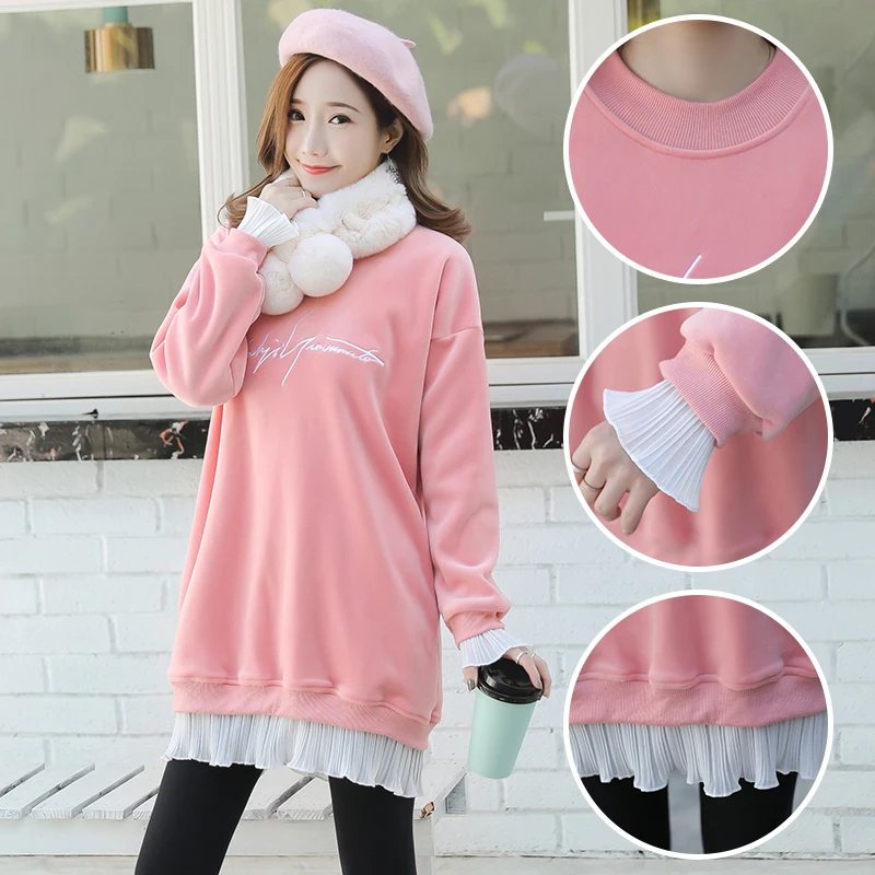 Pink 7915# теплые мягкие плиссированные толстовки для беременных осенние корейские модные свободные свитера большого размера для беременных женщин топы для беременных - Color: Pink