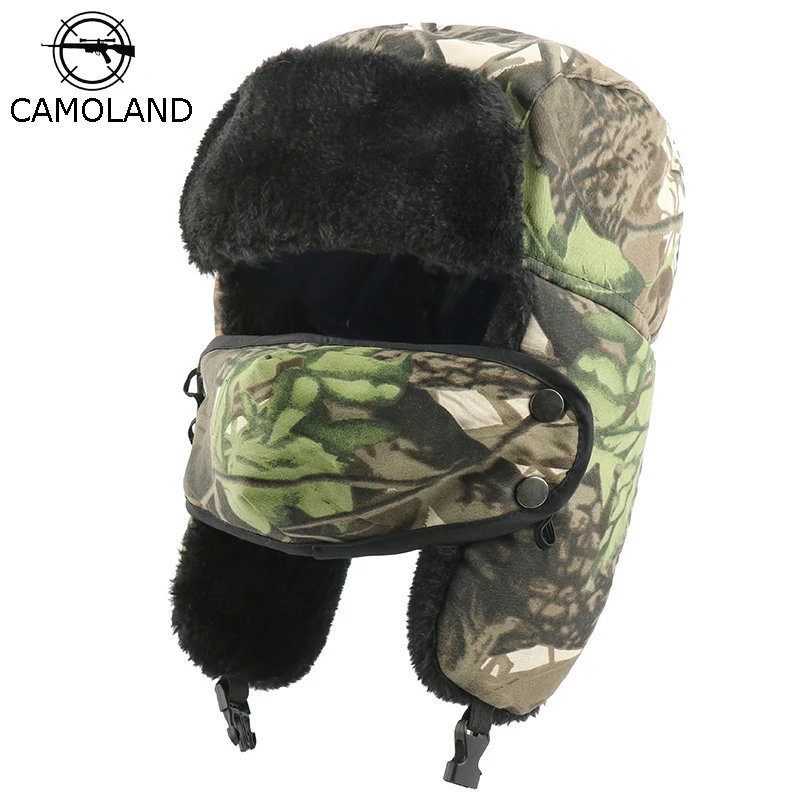 

CAMOLAND Winter Bomber Hats For Men Women Warm Trapper Hat Leaf Print Faux Fur Earflap Cap Thermal Ushanka Hat With Face Mask