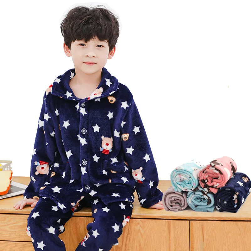 

2Pcs/set Children Winter Pajamas Baby Sleepwear Warm Flannel Long Sleeves Homewear Plush Nightclothes Boy Girl Thicken Home Suit