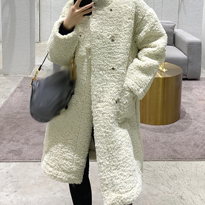 CHICEVER пальто из овечьей шерсти для женщин, водолазка с длинным рукавом и карманом, двубортное, толстое, Женское пальто, зимнее, размера плюс, модное