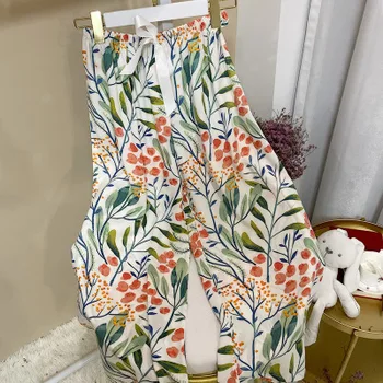 

Herislim Cotton Sleep Bottom For Women Floral Print Calf-length Pants Loose Pajamas Homewear Wide-Leg Comfy Elastic Trousers