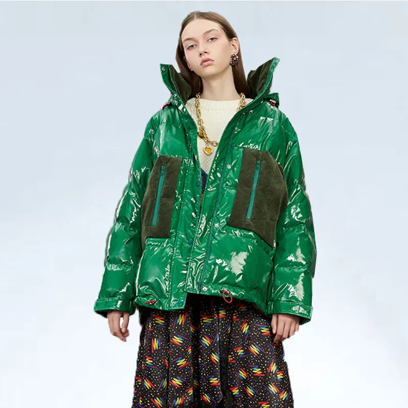 

Laser Green Winter Jacket Woman Down Coat Thick Warm Hooded Outwear Glossy Down Parka Female Plus Size Casual Snow Wear 2020
