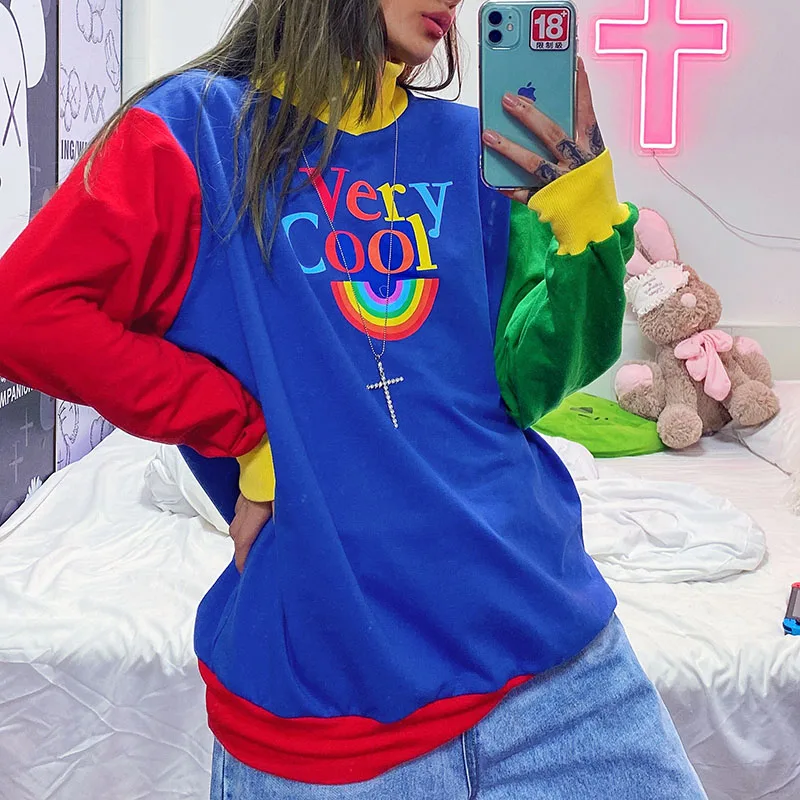 

Fashion Rainbow Letter Printed Hoodies Women Block Patchwork Y2k Streetwear Turtleneck Long Sleeve Loose Sweatshirt Oversized
