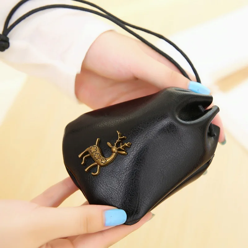 Милый кошелек лося стиль корейский стиль простой масло воск кожа Drawstring Pull-belt мини женский короткий кошелек