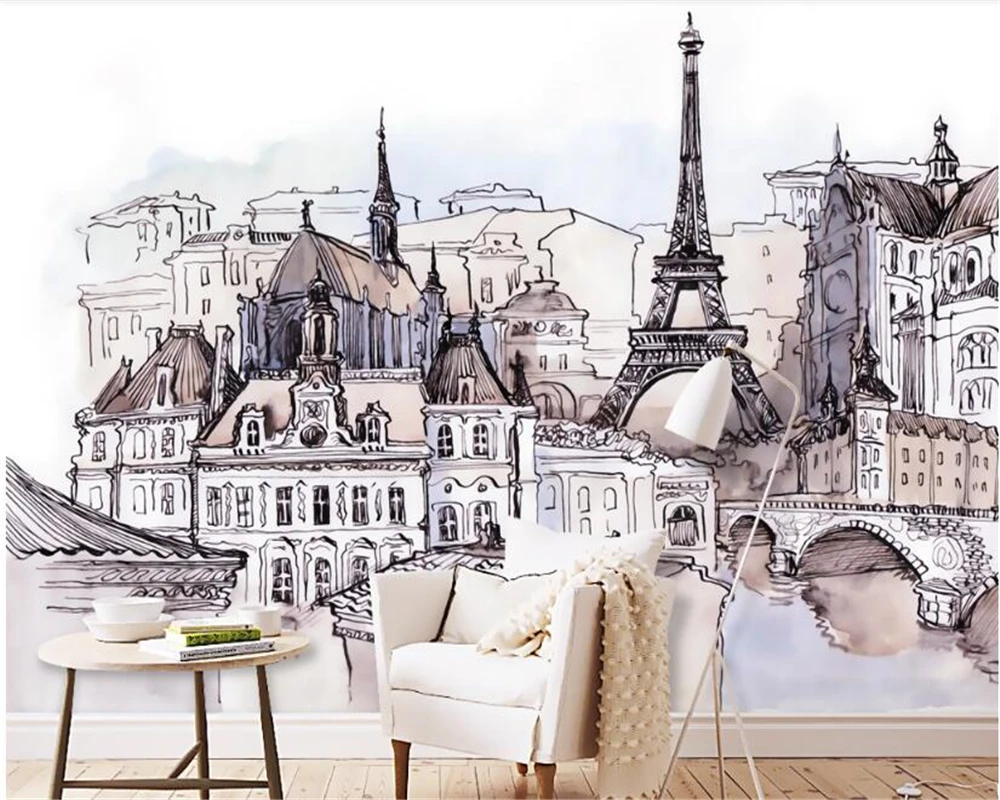 beibehang-European-hand-painted-foreign-tourism-fashion-stickers-tower-watercolor-mural-papier-peint-decoration-wallpaper-behang (5)