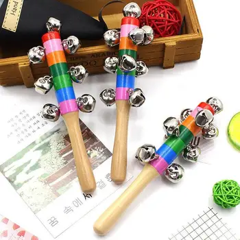 

Baby Kids Wooden Handle 10 Bells Jingle Stick Shaker Sensory Crying Rattle High-quality environmental protection wooden bell bab