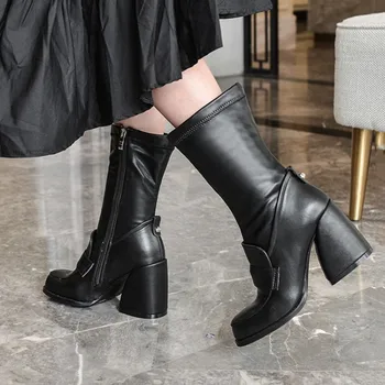 

OLOMLB US4-11 Womens Ankle Boots Oxfords Block Hoof Heel Genuine Cow Leather Stretchy Shoes Show Snake Pattern Punk Motorcycle