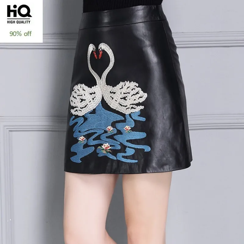 Borduurwerk Lederen Wrap Rokken Zwarte Elegante Hoge Wasis A-lijn Leer Rokken Dier Patroon Korte Rokken Plus Size 4XL
