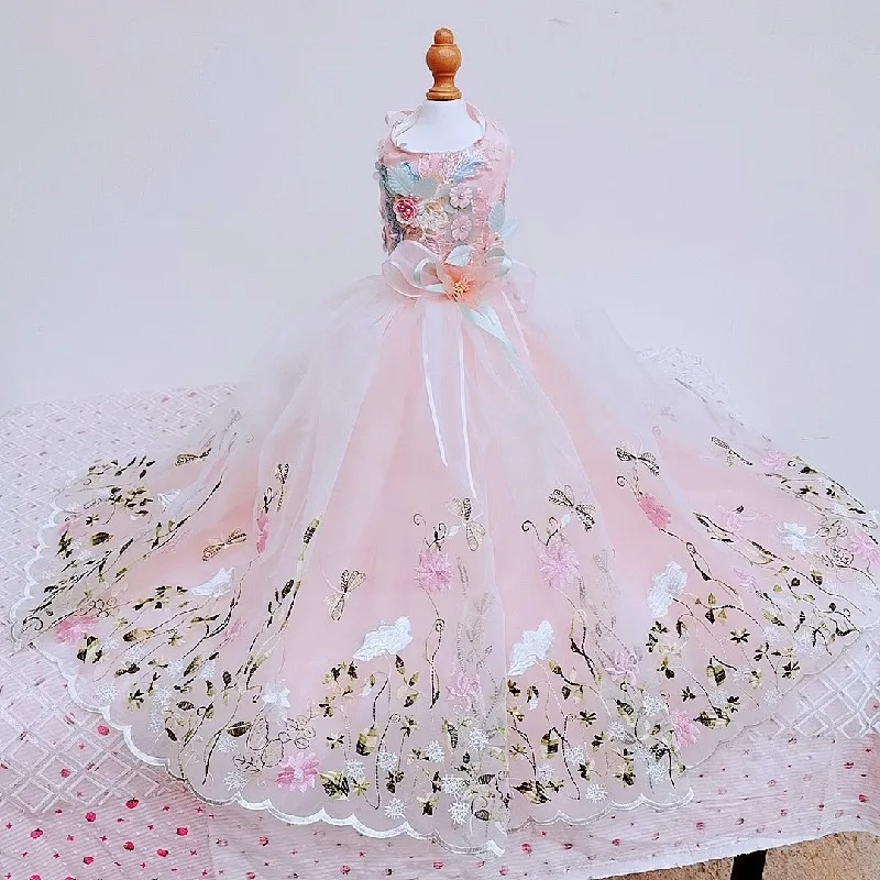 

Handmade Dog Clothes Pet Supplies Wedding Gown Unique Design Trailing Dresses Evening Party 3D Flowers Embroidery Skirt Noble