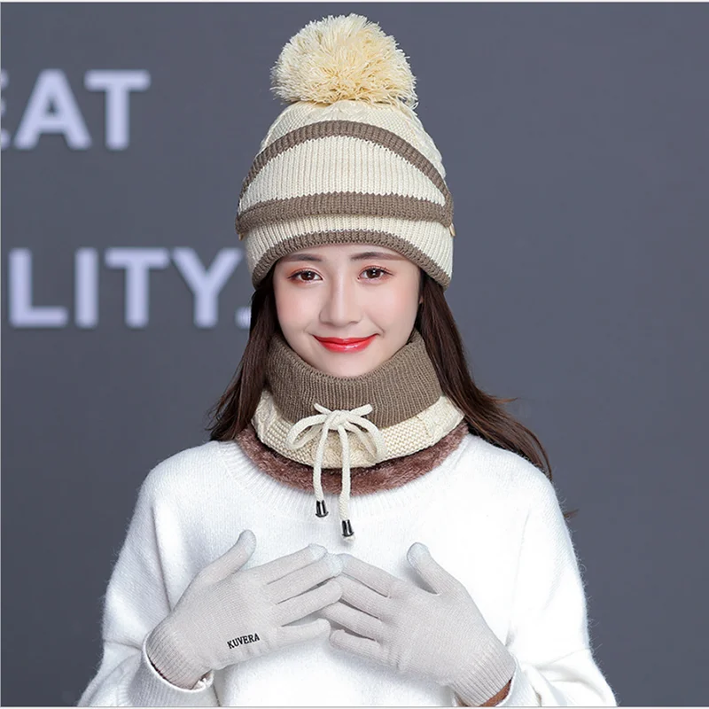 beige-glove hat set 1 шт., шапка, набор перчаток, повседневные шапочки для мужчин и женщин, теплая вязаная зимняя шапка, модная однотонная унисекс шапка бини, шапка - Цвет: beige-glove hat set