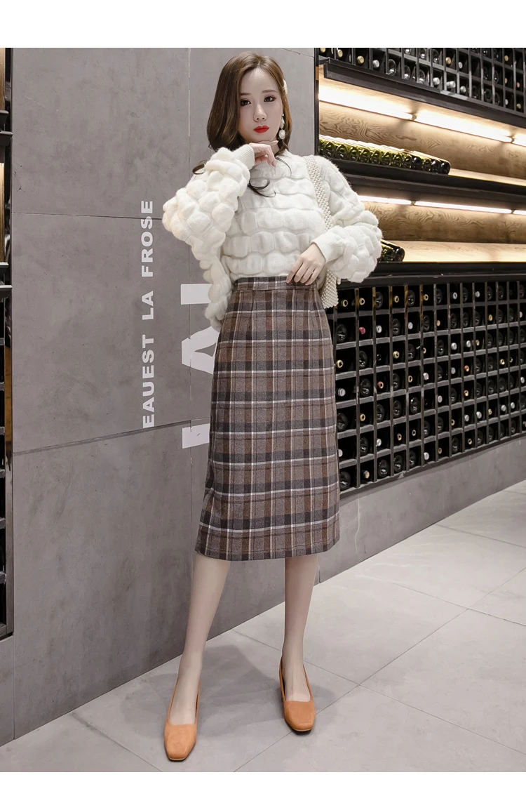 Осень Зима миди Клетчатые Шерстяные Юбки женские новые элегантные модные трапециевидные Юбки Женская юбка Уличная одежда большого размера юбка