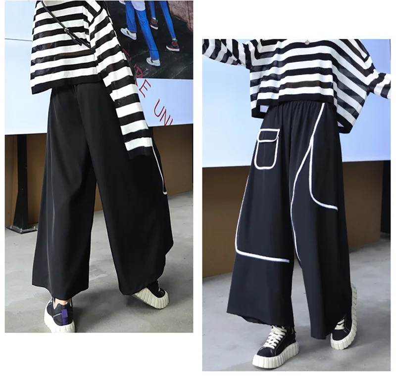 [EAM] High Elastic Waist Black Pocket Split Long Wide Leg Trousers New Loose Fit Pants Women Fashion Spring Autumn 2020 1X812