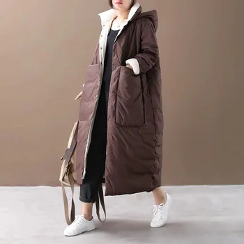 

[EWQ] 2020 Autumn Winter New Pattern Hooded Collar Long Sleeve Solid Patchwork Pockets Vintage Down Coat Women AH83216