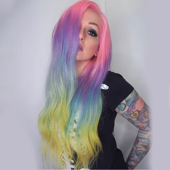 

Rainbow Colored Lace Front Human Hair Wigs Straight Lace Frontal Wig Brazilian Transparent Full T# Lace Dolago Colorful Wig