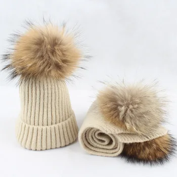 

Kid Hat Scarf Set Winter Beanie Real Raccoon Fur Pompon Wool Knit Autumn Warm Skiing Outdoor Accessory For Baby Boy Girl