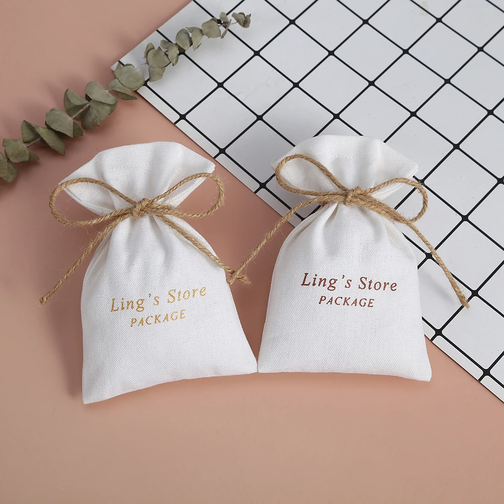 100pcs White Cotton Burlap Jewelry Drawing Bag Jewellry Packing Small Pouches for Wedding Party Candy Bag Gift Bag Custom Logo