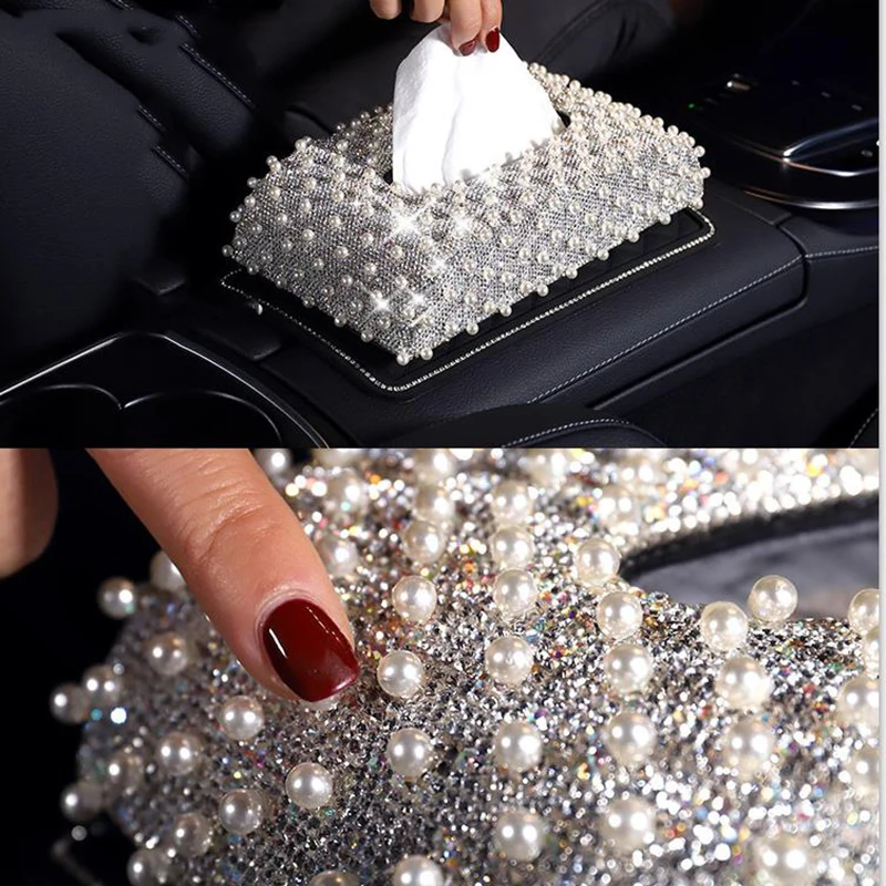 Luxury Pearl Car Tissue Box Cover Crystal Rhinestone Covered Holder Block Paper Storage Car Interior Accessories For Women Girls