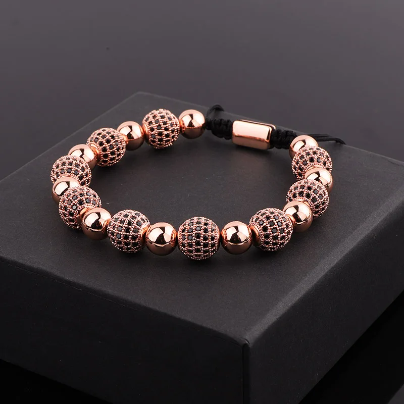 Luxury 10mm Black CZ Pave Ball Charm Macrame Adjustable Bracelet Men Jewelry Gift