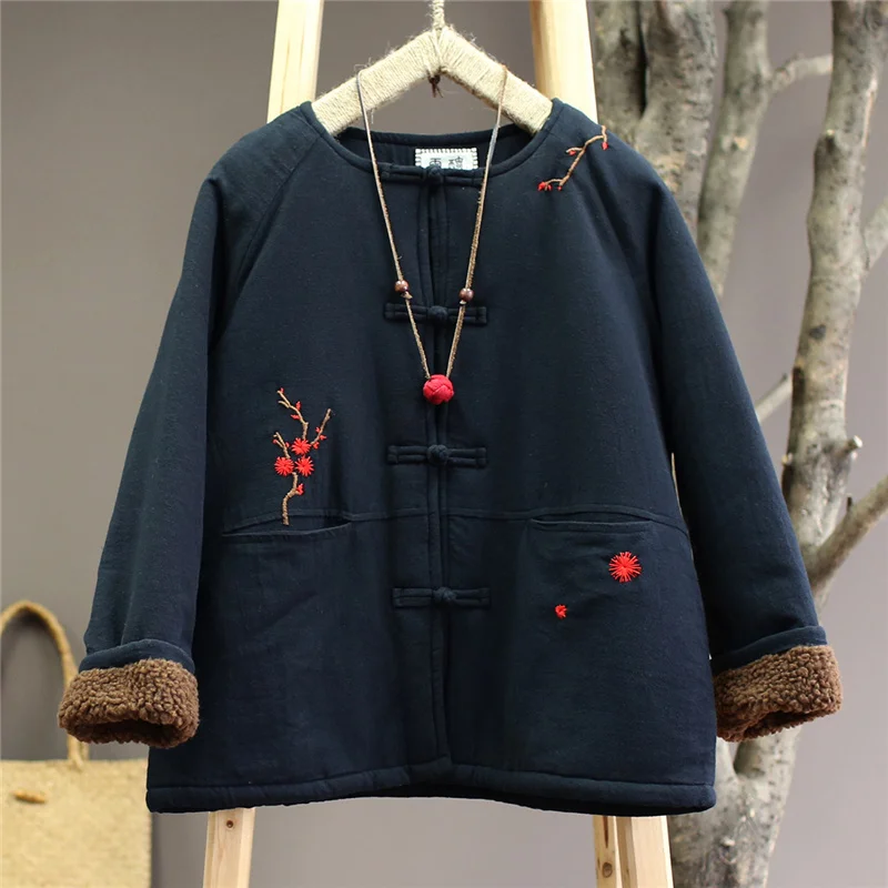 Женские винтажные парки с вышивкой Johnature теплые однотонные льняные круглым
