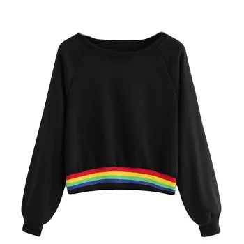 

Women Autumn Hoodies Rainbow Print Long Sleeve Hooded Sweatshirt Loose Female Short Pullover Hoodies Tops #L10