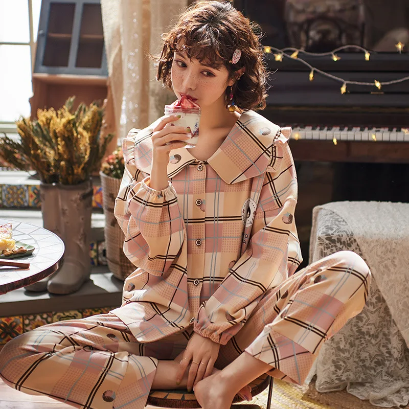 Kopen Nieuwe Thuis Dragen Lange Mouw Katoen Herfst Winter Nachtkleding Toevallige Slaap Set 2 Stuks Nachtkleding Leuke Babydoll Pyjama Pyjama Pak