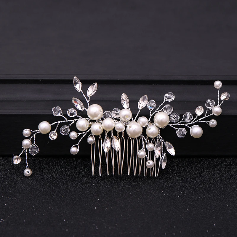 Silver Color Tiara Hair Combs for Women Bride Pearl Crystal Headpiece Wedding Hair Accessories Bridal Jewelry