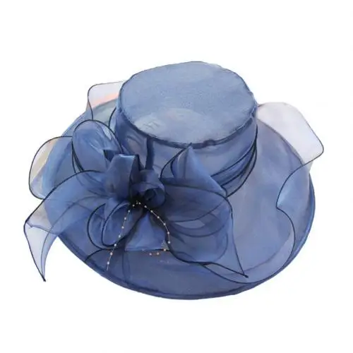 Dark Blue Цветочная Кепка из органзы с широкими полями, церковная Кентукки, Дерби, чародейка, женские вечерние шляпы от солнца - Цвет: Dark Blue