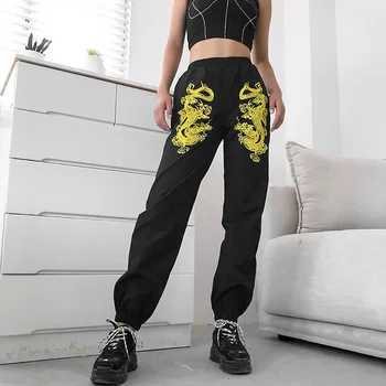 

Chinese Style Gold Dragon Print Women Pants Vintage High Waist Sports Joggers Summer Ladies Casual Loose Long Trousers