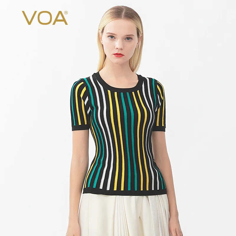 

VOA woman silk shirt multicolor stitching vertical stripes round neck soft Commuting versatile short-sleeved clothes BZ03