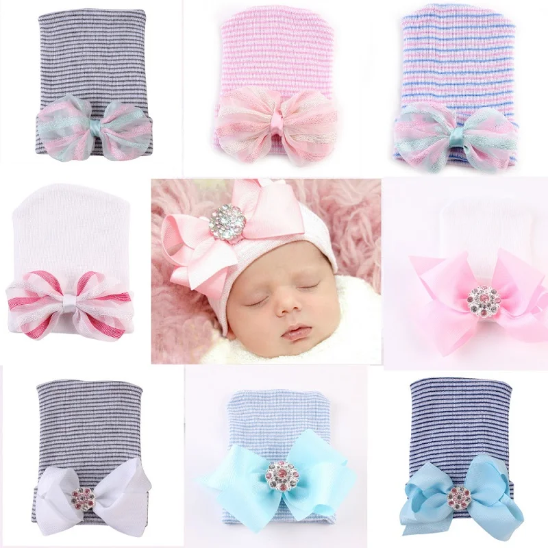 Шапка для новорожденных новый цвет с бантом женская детская трикотажная шапка