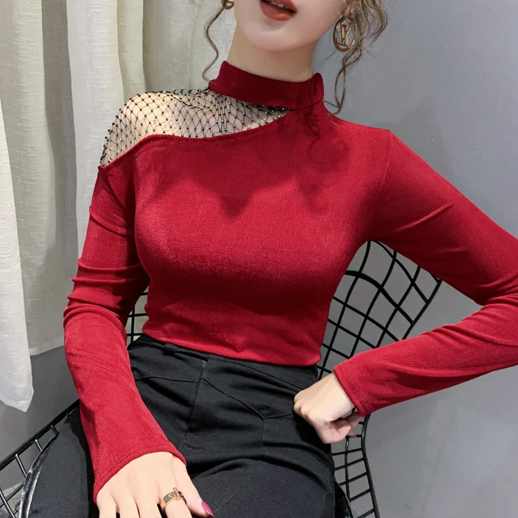 Korean style Slim Long-sleeved Sexy Strapless T-shirt Women Autumn Spring Mesh Stitching Tops Fashion Hollow out shirt