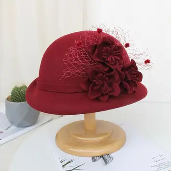 

Womens 1920s Vintage Faux Felt Bucket Hat with Flower Mesh Veil Embellished Winter Autumn Prom Church Trimmed Bowler Top Cap