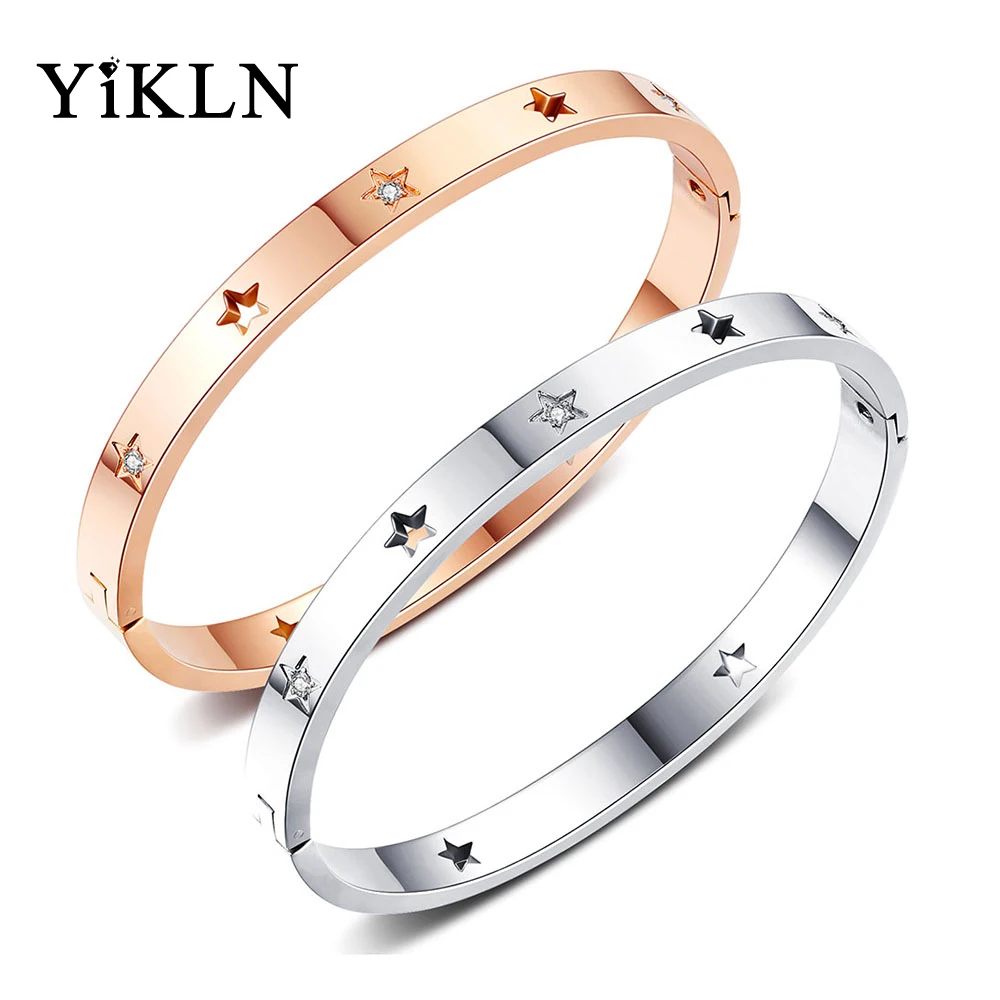 YiKLN, модный титановый браслет из нержавеющей стали, полые запонки со звездой, браслет для женщин, CZ кристалл, пентаграмма, женский браслет YOGH960