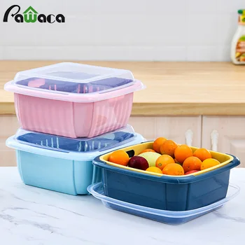 

Double-Layer Drain Basket with Lid PP Square Fruit and Vegetable Storage Basket Fridge Fresh-Keeping Box Kitchen Storage Case
