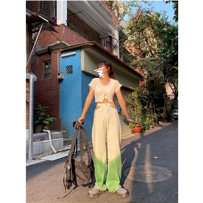 Women Wide-leg Pants Thin High-waist Gradient Female Trousers Straight-leg Sports Green Casual Street Skateboard Loose Trend