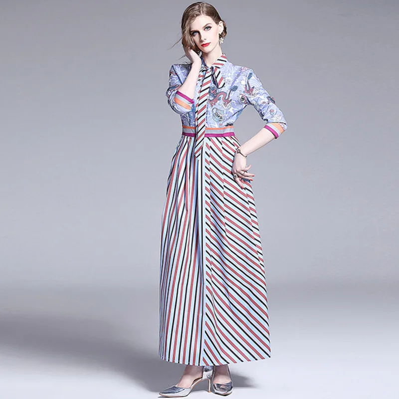 

Blue striped maxi dress for women 2019 runway designer fashion high quality long sleeve bow tie dragon print boho dress