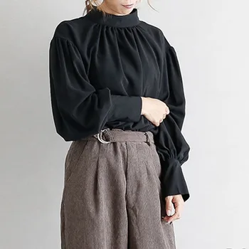 

Spring Fall Office Ladies Blouse Japanese Chiffon Women's Round Neck Lantern Sleeve Pullover Shirts Elegant Solid Color Tops