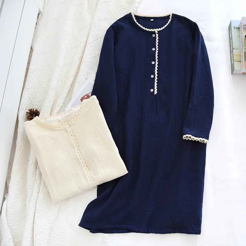 Summer Night Dress for Women Pure Cotton Crepe Sleep Skirt Long Sleeve Nightgown Famale Thin Loose Casual Comfortable Home Skirt