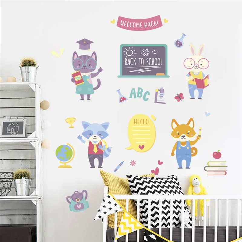 Study With Animals Teacher Wall Stickers For Kids Room Decoration Cat