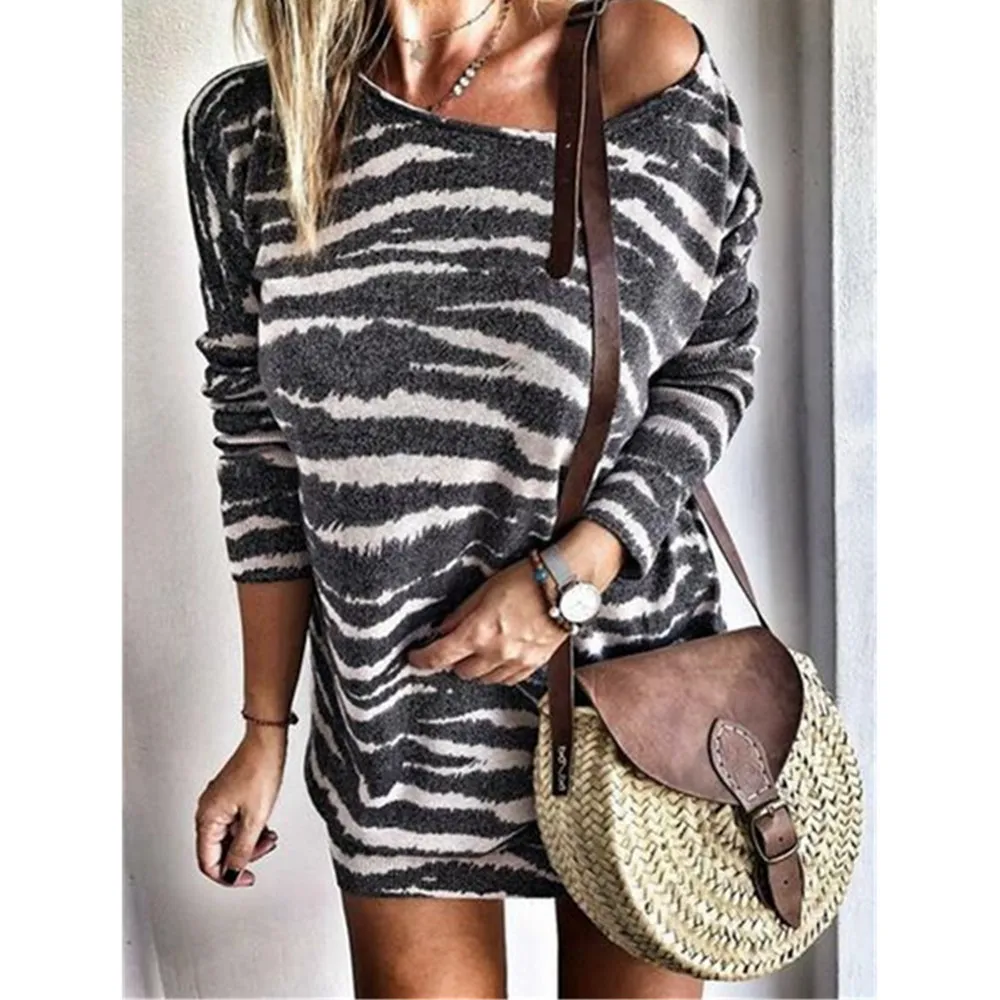 

LOOZYKIT Autumn Sexy off One Shoulder Dress Elegant Women O-Neck Striped Print Mini Dress Ladies Streetwear Oversize Dress 5XL