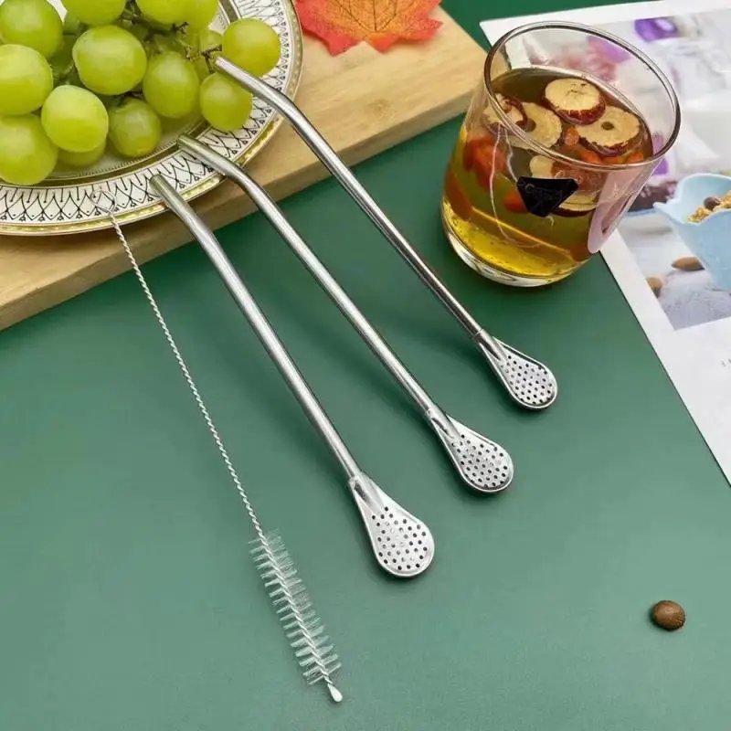 Stainless Steel Teaspoons Straw Tableware Spoon Juice Tea Coffee Spoon Drinking Straw Filter Drinks Tools Bar Scoops Accessories tea spoons