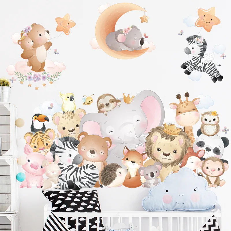 Cartoon Animals Children Room Decoration Wall Stickers Bedroom Sofa Background Self-adhesive Wallpapers Lion Elephant Star Poste | Дом и сад