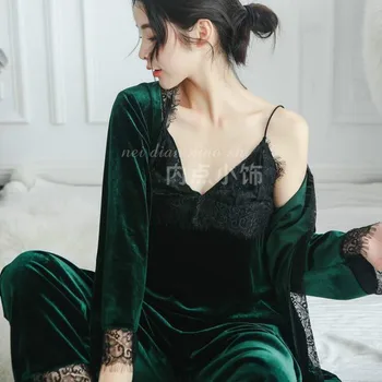 

Winter Lace Sling Nightgown Velvet 3-piece Set Women's Sexy Pajamas Long Sleeve V-Neck Solid Sleepwear Luxury Pijamas for Women