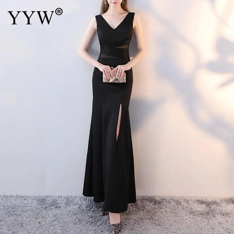 

Black Elegant Women Evening Dress V Neck Backless Sexy Robe Soiree Sleeveless Hollow Mesh High Split Ladies Long Party Vestidos