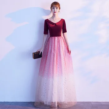 

Satin Patchwork Female Bridal Wedding Dress Round Neck Pleated Dresses For Young Lady Robe De Soliree Lace Sequins Half Sleeve