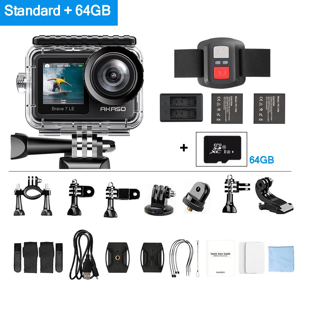 action camera with longest battery life AKASO Brave 7 LE 4K30FPS 20MP WiFi Action Camera 4K Touch Screen Vlog Camera EIS 2.0 Remote Control Sports Camera Waterproof Cam light action camera Action Cameras