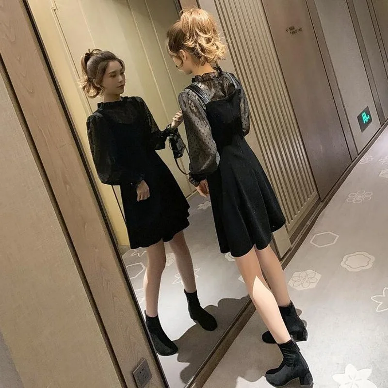 

Sexy Dress Outfit Women's 2020 Spring New Style Korean-Style Frilled Chiffon Shirt Velvet Vest Dress Two-Piece Set
